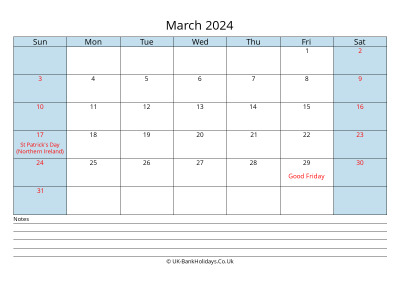 2024 March Calendar with Notes