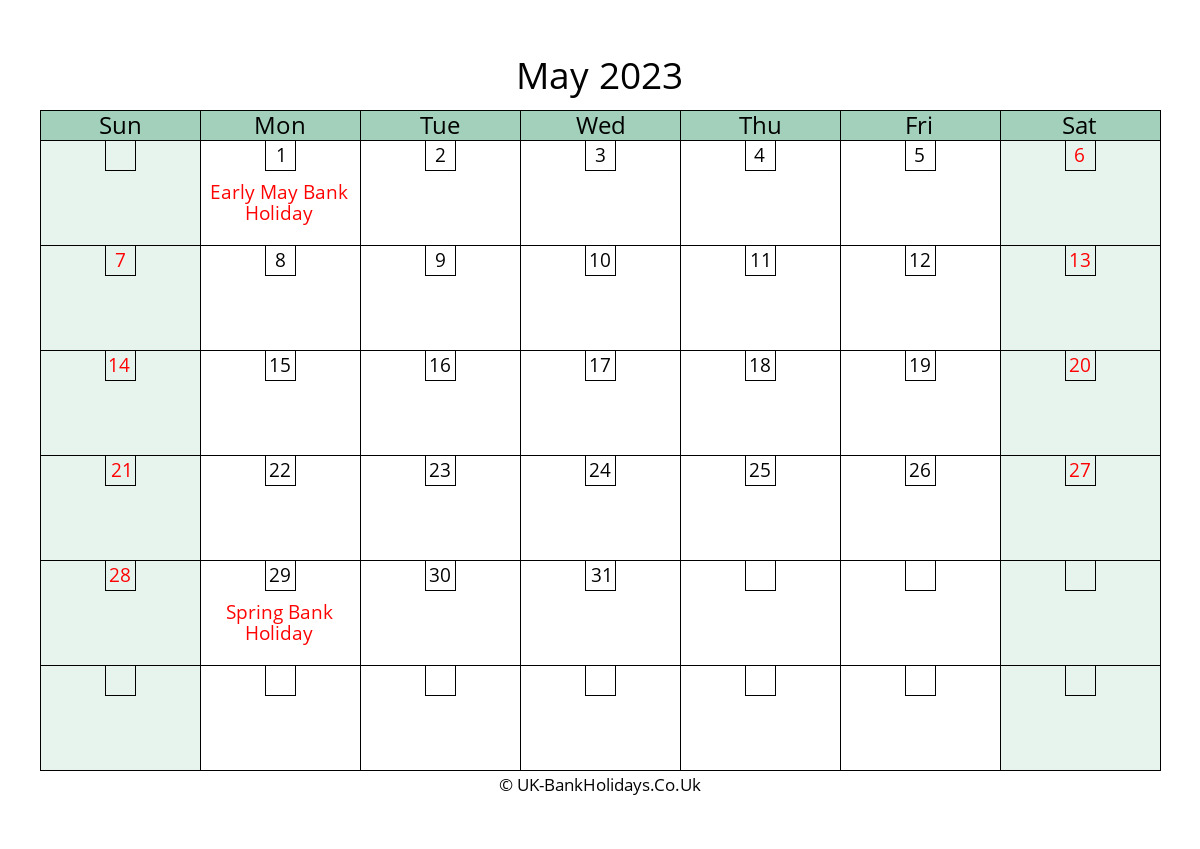 May 2023 Calendar Printable with Bank Holidays UK