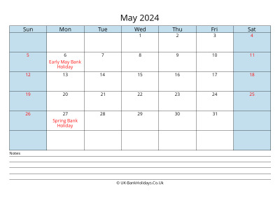 2024 May Calendar with Notes