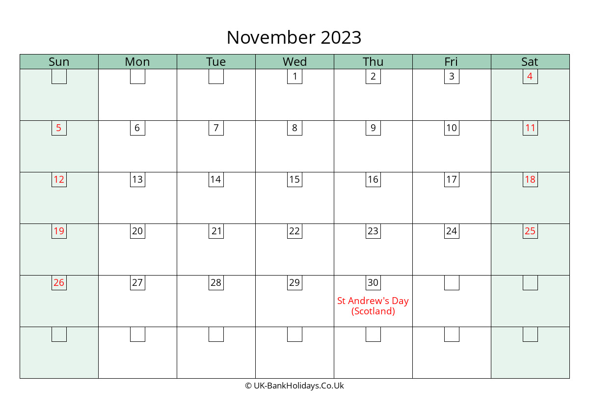 november 2023 calendar printable with bank holidays uk landscape
