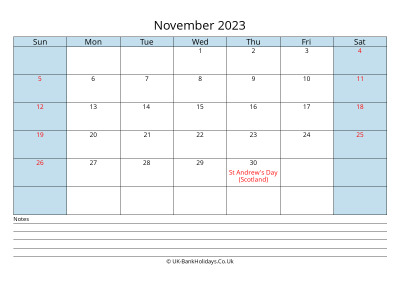 november 2023 monthly uk calendar printable
