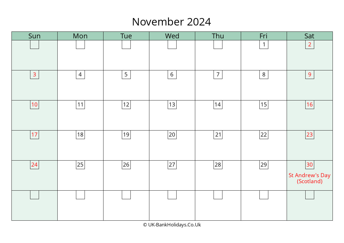 november 2024 calendar printable with bank holidays uk landscape
