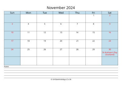 2024 November Calendar with Notes