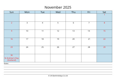 2025 November Calendar with Notes