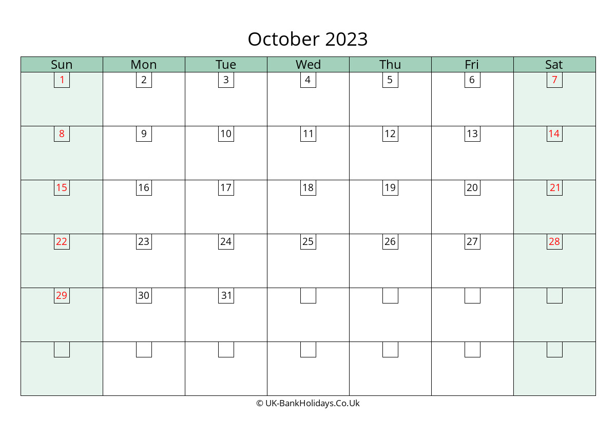 October 2023 Calendar Printable With Bank Holidays Uk