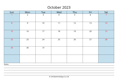 2023 October Calendar with Notes