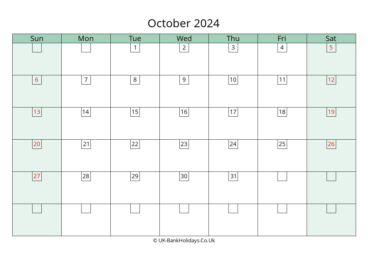 october 2024 calendar printable with bank holidays uk landscape
