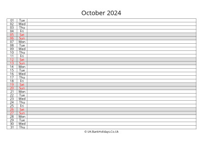 october 2024 monthly uk calendar free