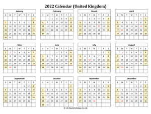 printable 2022 uk calendar weeks start on sunday (landscape)
