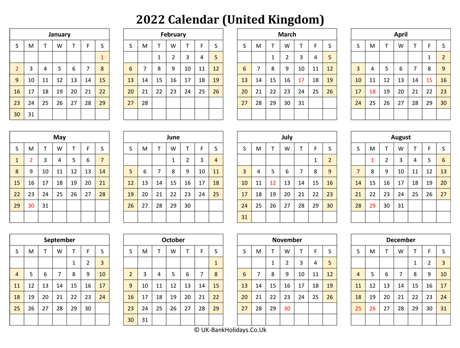National Holidays 2022 Calendar Download Printable 2022 Uk Calendar (Landscape Layout)