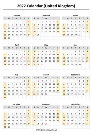 printable 2022 uk calendar weeks start on sunday (portrait)