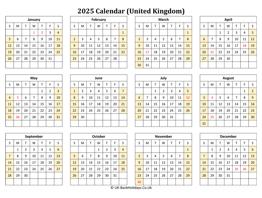 Download Printable 2025 Uk Calendar (Landscape Layout)