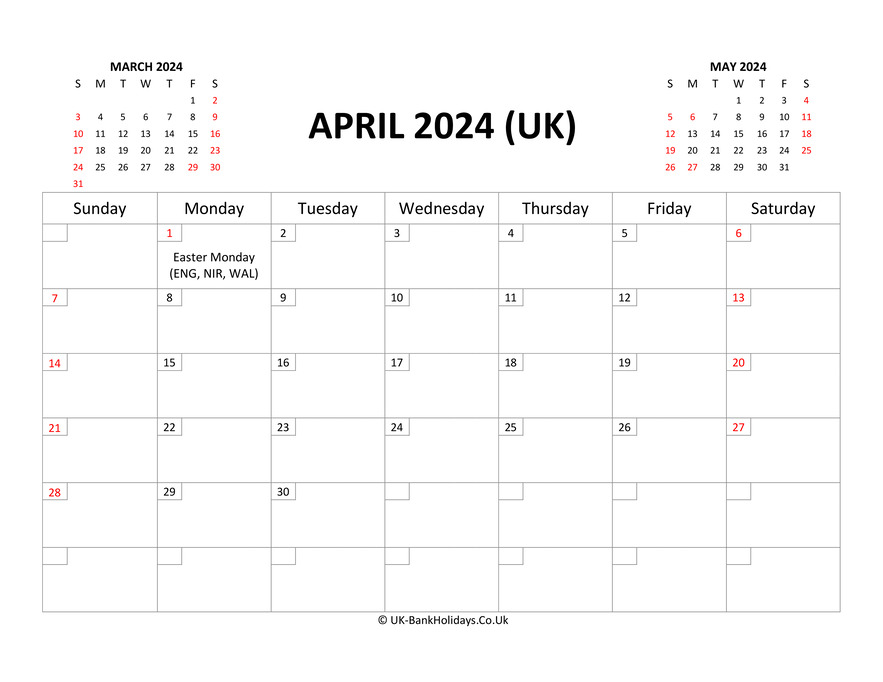 April 2024 Calendar Printable with Bank Holidays UK