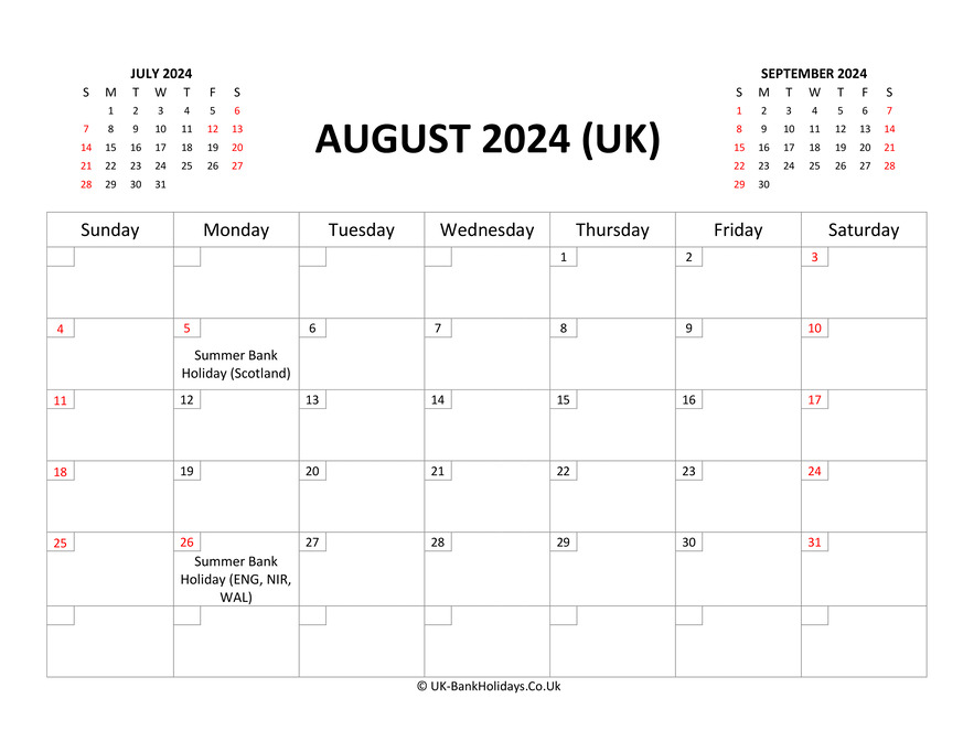 Download Printable Uk Calendar August 2024