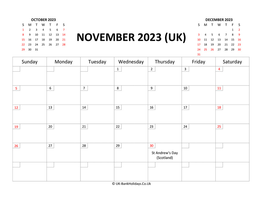 November Calendar Uk 2
