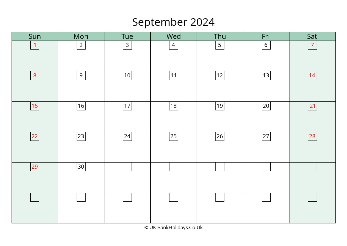 september 2024 calendar printable with bank holidays uk landscape