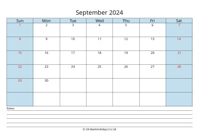 2024 September Calendar with Notes