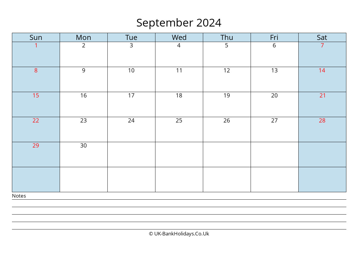 September 2024 Monthly Uk Calendar Printable