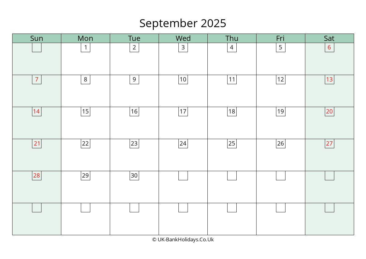 September 2025 Calendar Printable with Bank Holidays UK