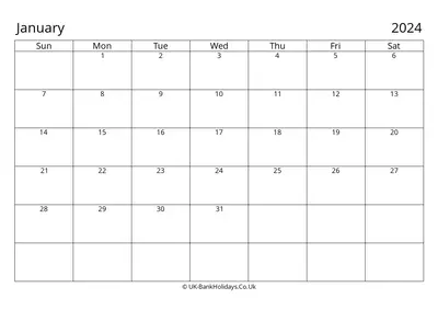 simple january calendar 2024 uk landscape sunday