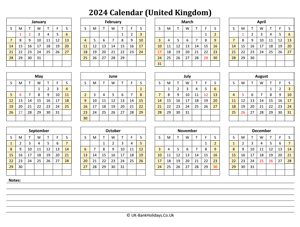 yearly uk calendar 2024 notes landscape