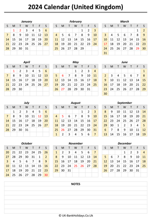 yearly uk calendar 2024 notes weeks start on sunday (portrait)